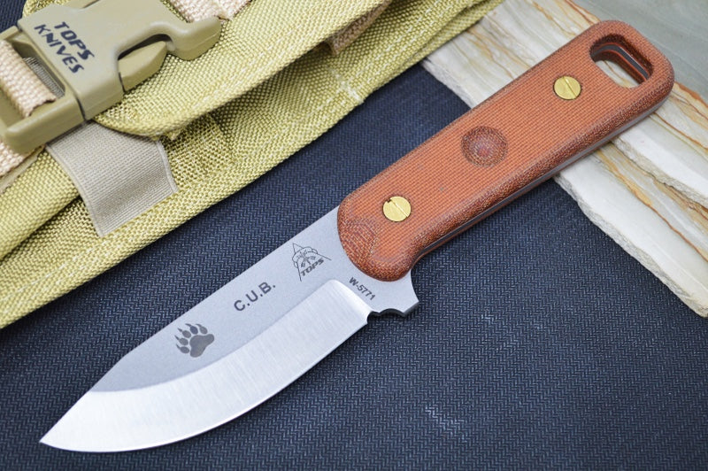 Tops C.U.B. Knife - 1095 Steel / Tan Canvas Micarta Handle / Coyote Tan Ballistic Nylon Sheath CUB-01