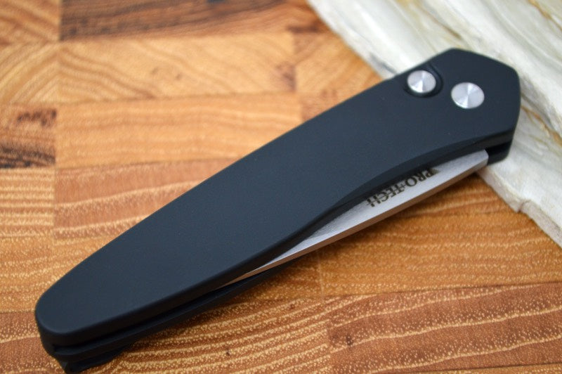 Pro Tech Newport Auto Left Hand - Black Aluminum Handle - S35VN Stonewash Blade 3405-LH