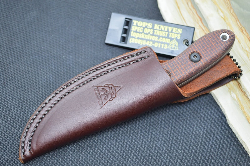 Tops Bull Trout - 154CM Steel / Brown Burlap Micarta Handle / Leather Sheath BLTT-01 - Northwest Knives