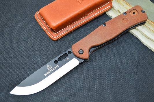 Tops Fieldcraft Folder - 1095 Steel / Tan Canvas Micarta Handle / Brown Leather Sheath FCF-01