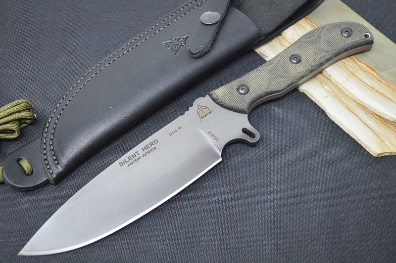 Tops Silent Hero - 1095 Steel / Black Linen Micarta Handle / Black Leather Sheath HERO-02 - Northwest Knives