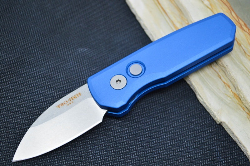Pro Tech Runt Auto - Blue Aluminum Handle / Stonewashed Wharncliffe Blade / CPM-20CV Steel R5101-BLUE - Northwest Knives