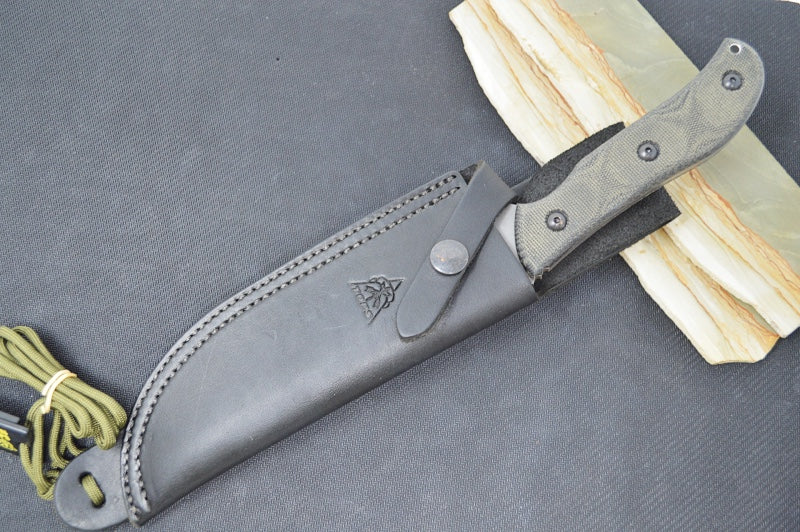 Tops Silent Hero - 1095 Steel / Black Linen Micarta Handle / Black Leather Sheath HERO-02 - Northwest Knives