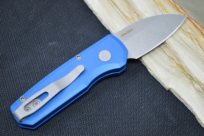 Pro Tech Runt Auto - Blue Aluminum Handle / Stonewashed Wharncliffe Blade / CPM-20CV Steel R5101-BLUE