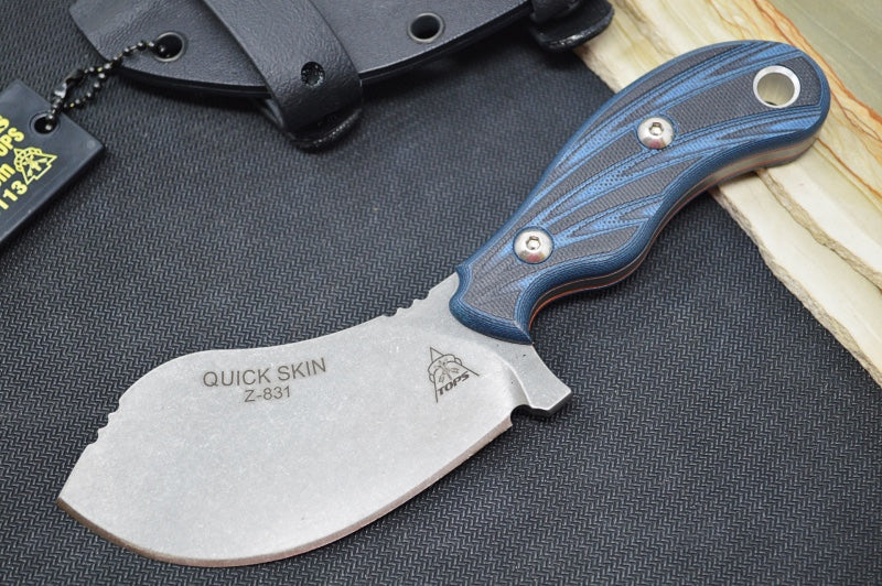 Tops Quick Skin - 1095 Steel / Black & Blue G10 Handle / Kydex Sheath QSK-01 - Northwest Knives