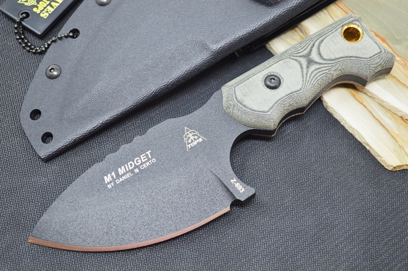 Tops M1 Midget - 1095 Steel / Black Linen Micarta Handle / Kydex Sheath M1MGT-01