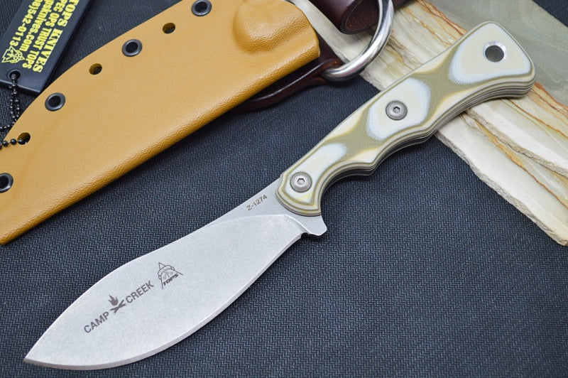 Tops Camp Creek - CPM-S35VN Steel / Camo G10 Handle / Coyote Tan Kydex Sheath CPCK-01