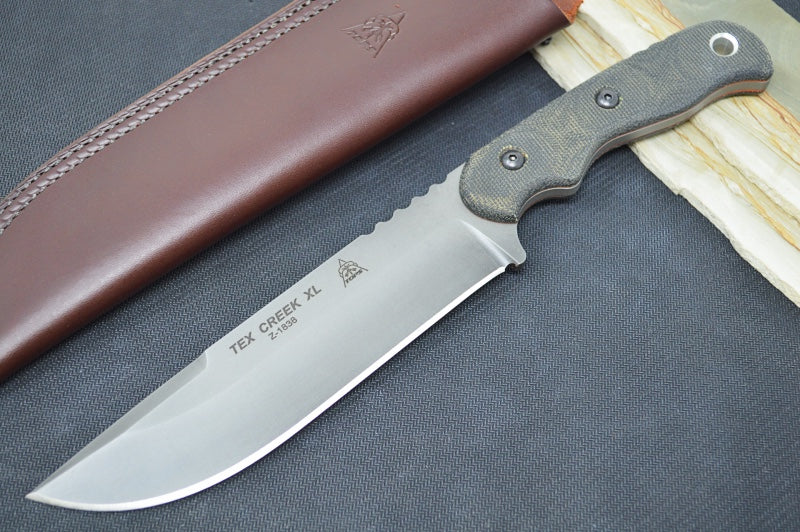 Tops Tex Creek XL - 1095 Steel / Black Canvas Micarta Handle / Brown Leather Sheath TEX-XL - Northwest Knives