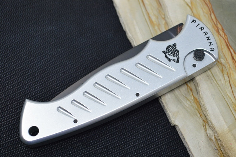 Piranha Knives "Pocket" - CPM-154CM Steel / Silver Aluminum Handle / Black Blade - Northwest Knives