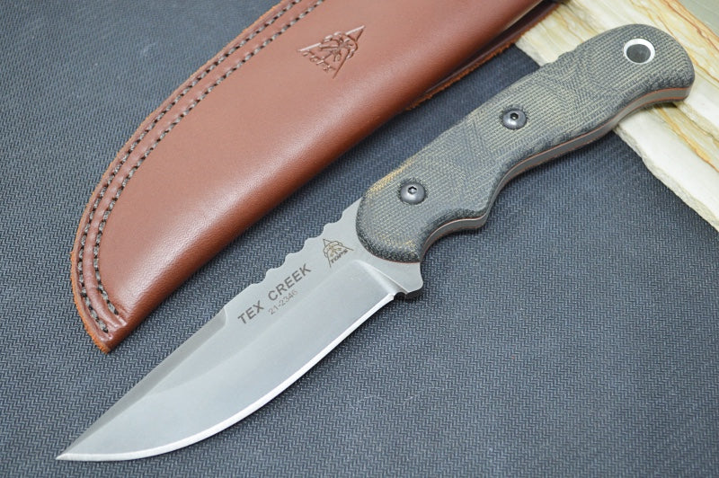 Tops Tex Creek - 1095 Steel / Black Canvas Micarta Handle / Brown Leather Sheath TEX-4