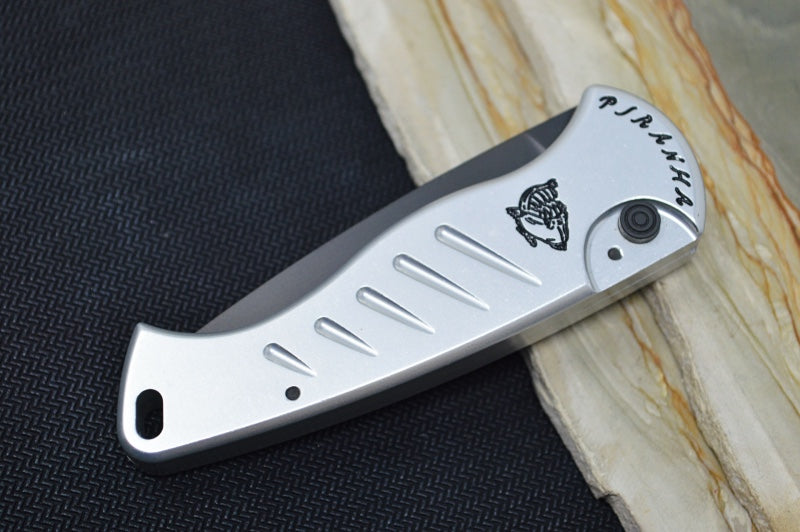 Piranha Knives "Fingerling" - CPM-154CM Blade / Silver Aluminum Handle / Black Blade