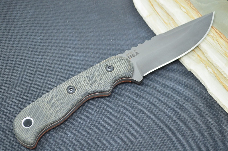 Tops Tex Creek - 1095 Steel / Black Canvas Micarta Handle / Brown Leather Sheath TEX-4