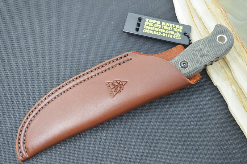 Tops Tex Creek - 1095 Steel / Black Canvas Micarta Handle / Brown Leather Sheath TEX-4