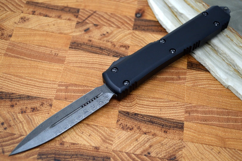 Microtech Ultratech Signature Series OTF - Dagger Style / Damascus Blade / Black Handle / Ringed Hardware 122-16S