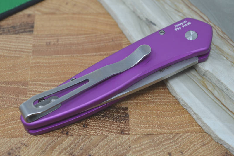 Pro Tech Newport Auto - Purple Handle / Stonewash Plain Edge Blade - Northwest Knives