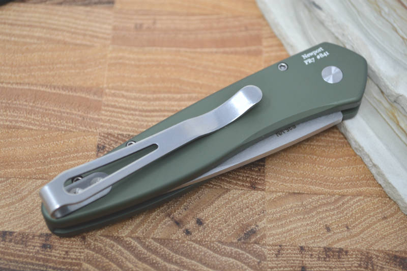 Pro Tech Newport Auto - OD Green Handle / Stonewash Plain Edge Blade - Northwest Knives