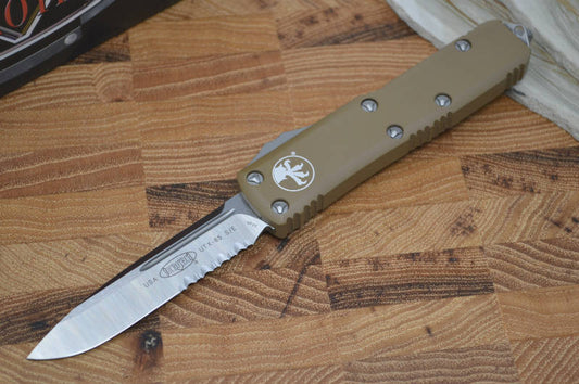 Microtech UTX-85 OTF - Single Edge / Partial Serrated Satin Blade / Tan Body - 231-5TA - Northwest Knives