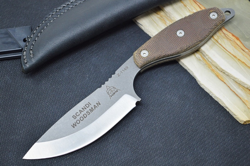 Tops Scandi Woodsman - 1095 Steel / Green Canvas Micarta Handle / Leather Sheath SWOOD-3.5