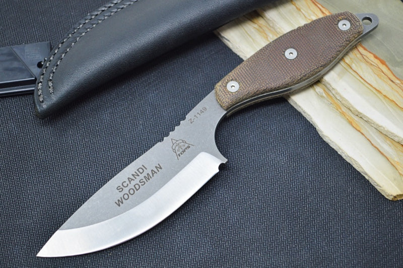 Tops Scandi Woodsman - 1095 Steel / Green Canvas Micarta Handle / Leather Sheath SWOOD-3.5 - Northwest Knives