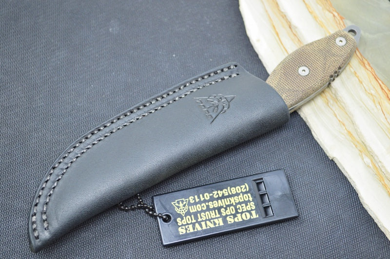 Tops Scandi Woodsman - 1095 Steel / Green Canvas Micarta Handle / Leather Sheath SWOOD-3.5 - Northwest Knives