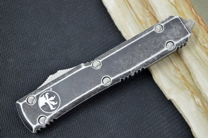 Microtech Ultratech OTF - Single Edge / Apocalyptic Finish / Distressed Black Handle - 121-10DBK