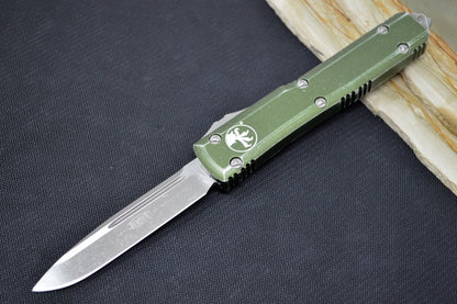 Microtech Ultratech OTF - Single Edge / Apocalyptic Finish / Distressed OD Green Handle - 121-10DOD