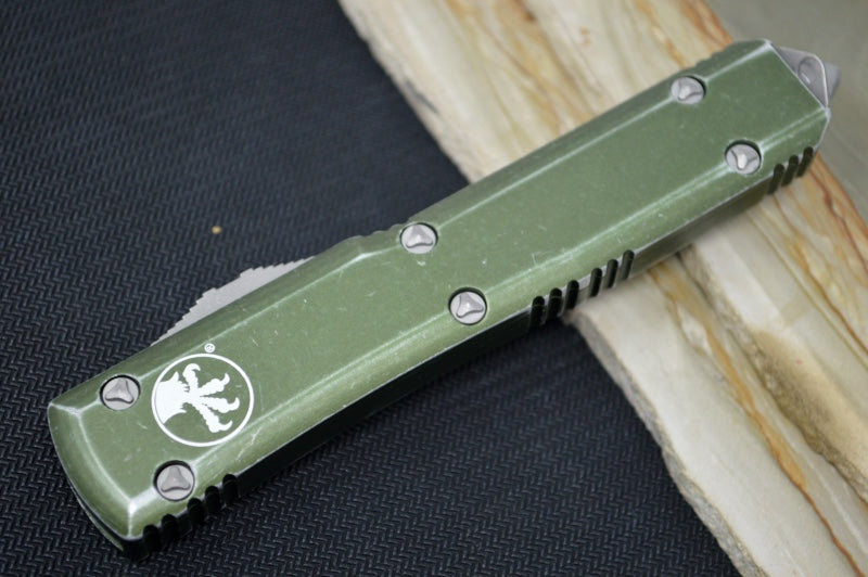 Microtech Ultratech OTF - Single Edge / Apocalyptic Finish / Distressed OD Green Handle - 121-10DOD