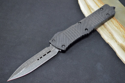 Microtech Combat Troodon OTF Signature Series - Damascus Blade / Dagger Style / Black Handle & Carbon Fiber Top / Ringed Hardware - 142-16CFS
