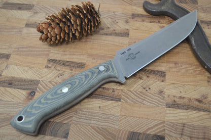 White River Knives Tom Mack Boss - Black & Olive Drab Linen Micarta Handle