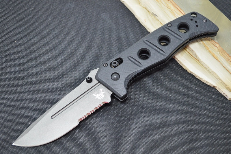 Benchmade 275SGY-1 Adamas - Grey CPM-CruWear Drop Point Combo Blade / Black G-10 Handle