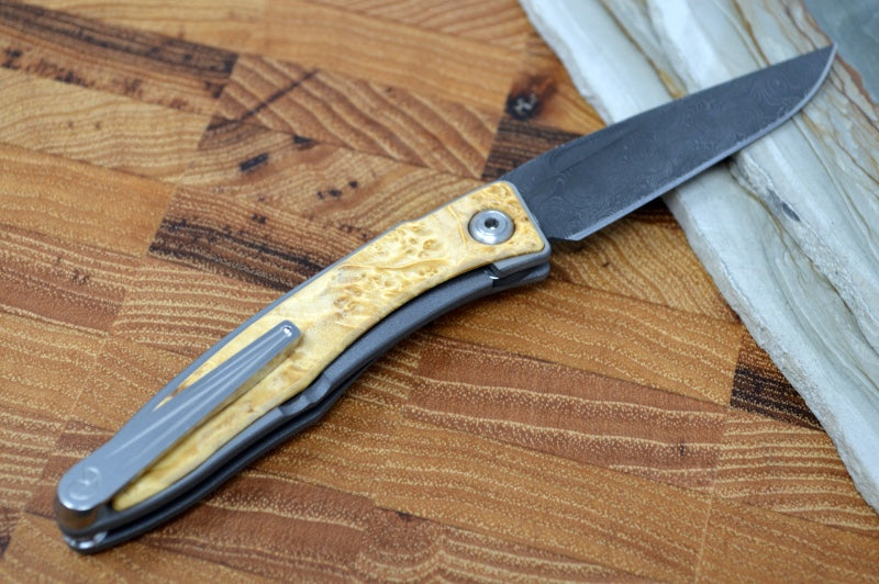 Chris Reeve Knives Mnandi Gentleman's Knife - Box Elder Wood Inlay w/ Chad Nichols Raindrop Damascus (A1)