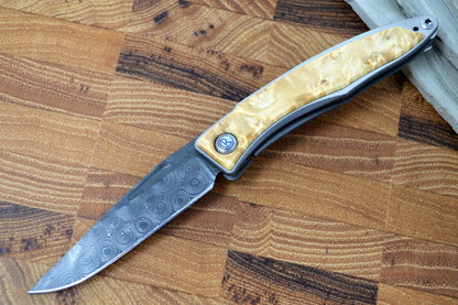 Chris Reeve Knives Mnandi Gentleman's Knife - Box Elder Wood Inlay w/ Chad Nichols Raindrop Damascus (A2)
