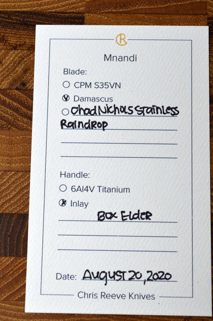 Chris Reeve Knives Mnandi Gentleman's Knife - Box Elder Wood Inlay w/ Chad Nichols Raindrop Damascus (A2)