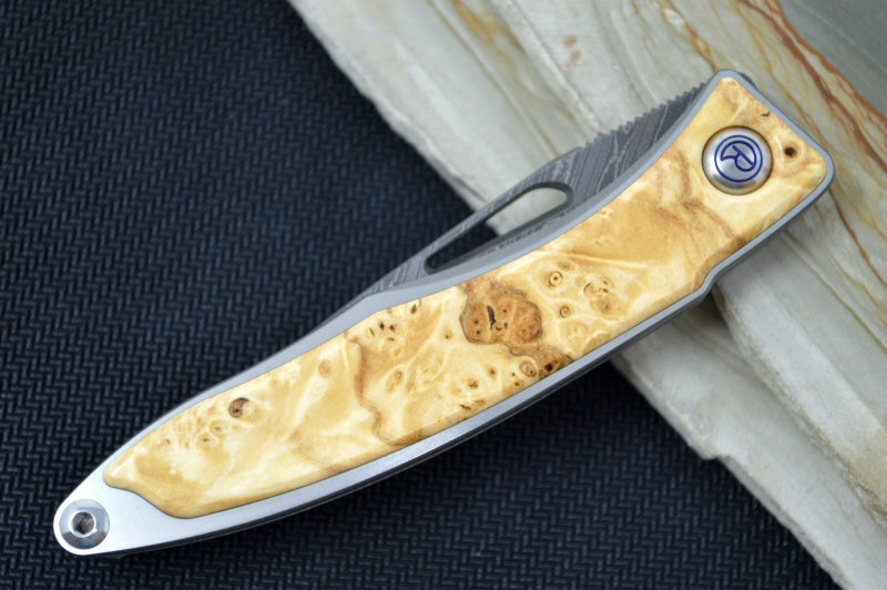 Chris Reeve Knives Mnandi Gentleman's Knife - Box Elder Wood Inlay w/ Chad Nichols Boomerang Damascus (A1)
