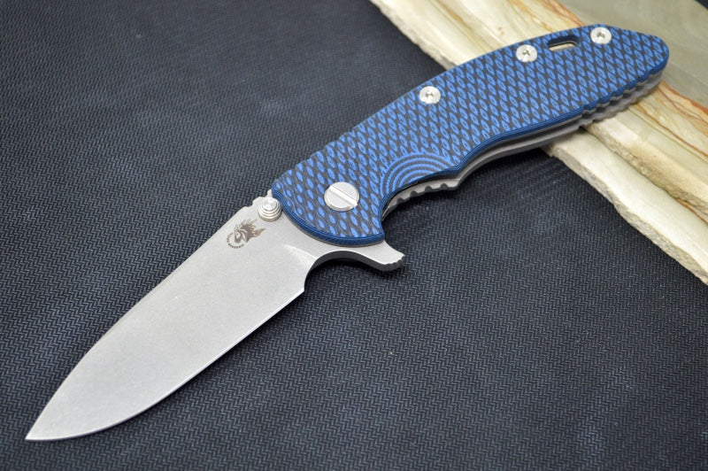 Rick Hinderer Knives XM-18 - Tri Way Pivot- 3.5" Slicer Blade / Working Finish / Blue & Black G-10 Handle