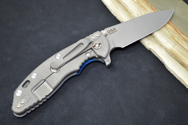 Rick Hinderer Knives XM-18 - Tri Way Pivot- 3.5" Slicer Blade / Working Finish / Blue & Black G-10 Handle