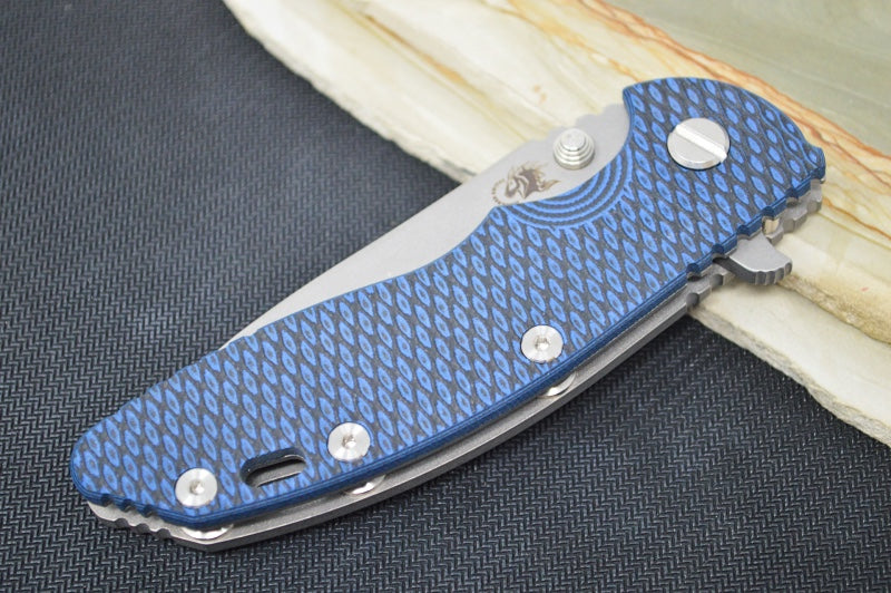 Rick Hinderer Knives XM-18 - Tri Way Pivot- 3.5" Slicer Blade / Working Finish / Blue & Black G-10 Handle