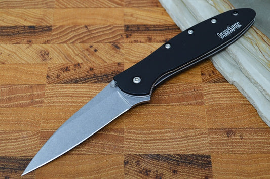 Kershaw 1660SWBLK Leek Flipper - Stonewash 14C28N Blade / Black Aluminum Handle