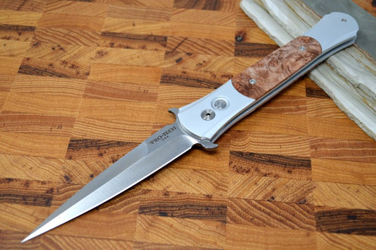 Pro Tech "The Large Don" Auto - Silver Aluminum Handle Maple Burl Inlays - Satin 154CM Blade