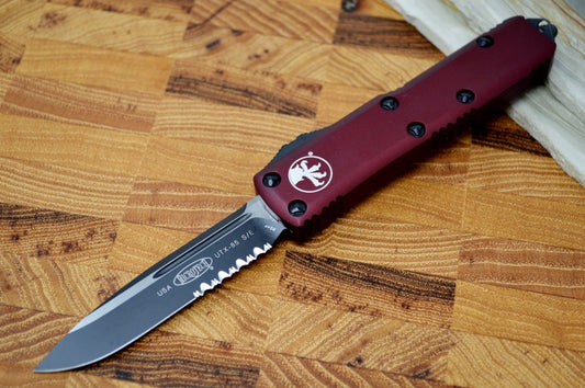 Microtech UTX-85 OTF - Single Edge Partial Serrate / Black Blade / Merlot Body - 231-2MR