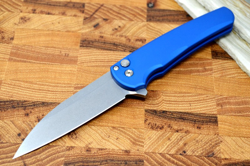Pro Tech Malibu - Stonewash 20CV blade / Blue Aluminum Handle 5101-BLUE - Northwest Knives