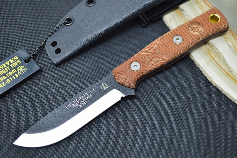 Tops Mini Fieldcraft - 1095 Steel / Tan Micarta Handle / Kydex Sheath MBROS-01 - Northwest Knives