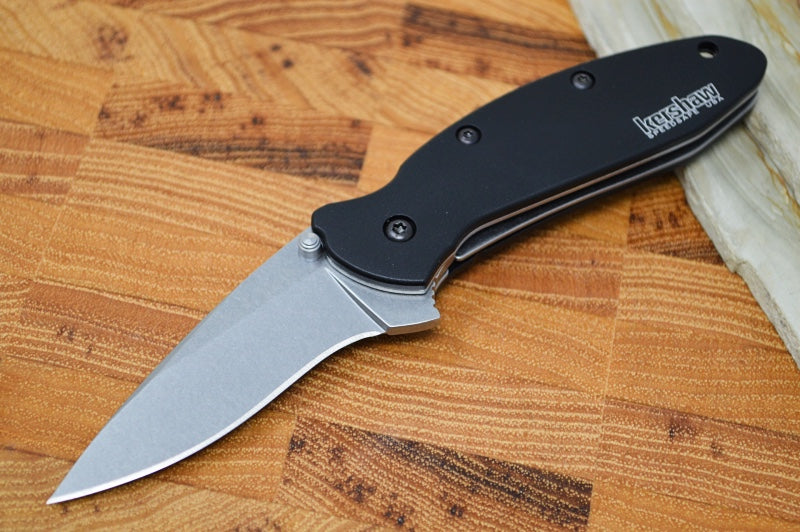 Kershaw 1620SWBLK Scallion Flipper - Stonewash 420HC Blade / Black Aluminum Handle