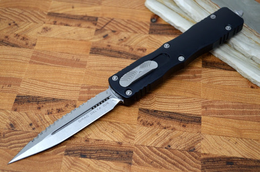Microtech Dirac Delta OTF - Black Finish / Full Serrated Dagger Blade / Black Aluminum Handle 227-12