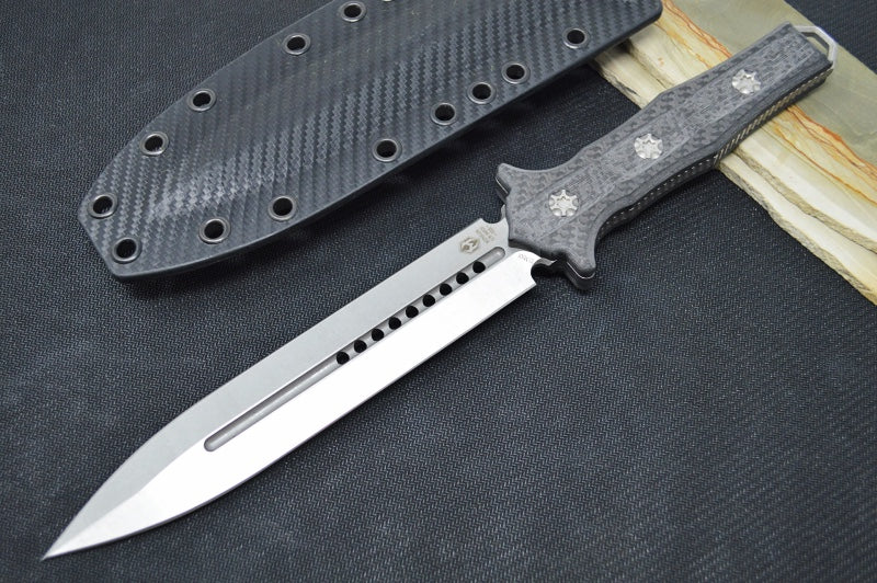 Heretic Knives Nephilim Fixed Blade - Stonewashed Dagger Blade / Elmax Steel / Carbon Fiber Handle H003-2A-CF