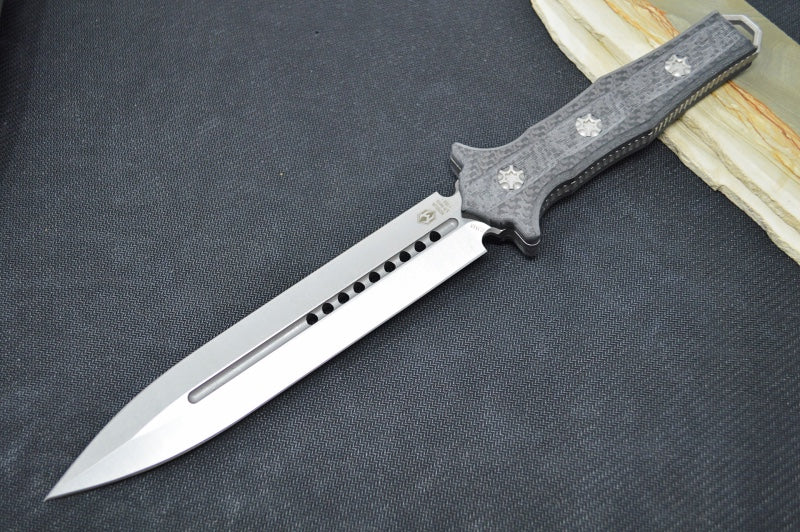 Heretic Knives Nephilim Fixed Blade - Stonewashed Dagger Blade / Elmax Steel / Carbon Fiber Handle H003-2A-CF