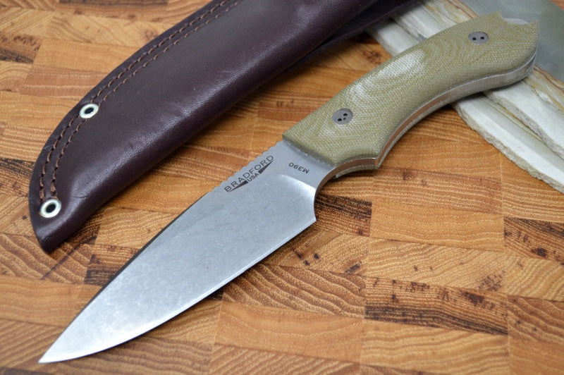 Bradford Knives Guardian 4 - 3D OD Green Micarta Handle / M390 Blade / False Edge Grind / Stonewash Finish 4FE-102