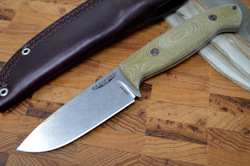 Bradford Knives Guardian 4.5 - 3D Natural Micarta Handle / Stonewash CPM-3V Blade / Sabre Grind 4.5S-102