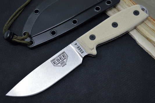 Esee Knives Model 4 - Canvas Micarta Handle / CPM-S35VN Steel / Stonewashed Finish ESEE-4P35V