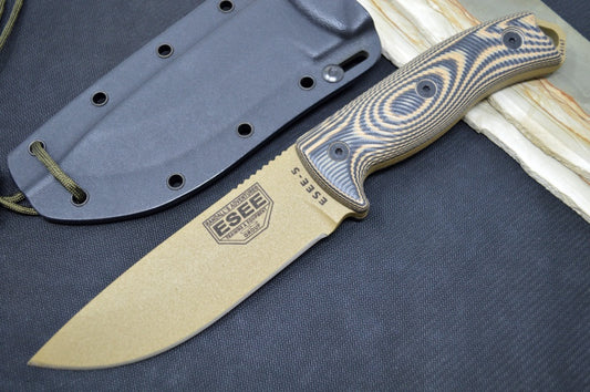 Esee Knives Model 5 - 3D Coyote Tan & Black G10 Handle / 1095 Steel / Dark Earth Textured Powdered Blade 5PDE-005